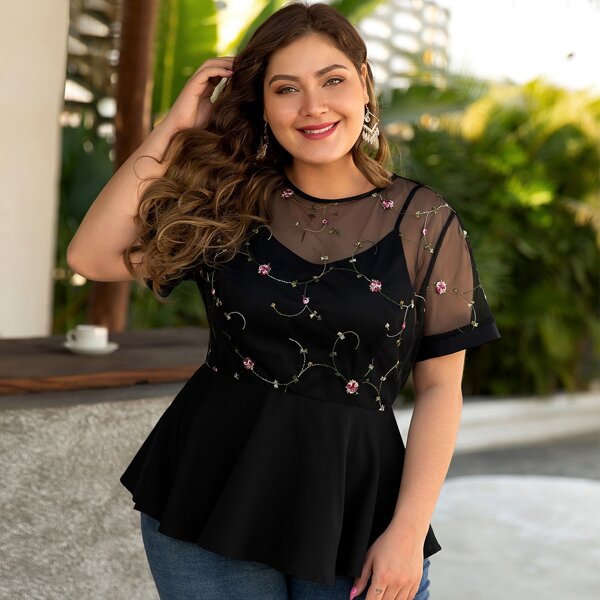 

Plus Embroidery Mesh Panel Peplum Blouse, Black
