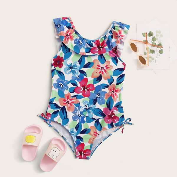 

Girls Floral Print Ruffle Trim One Piece Swimwear, Multicolor