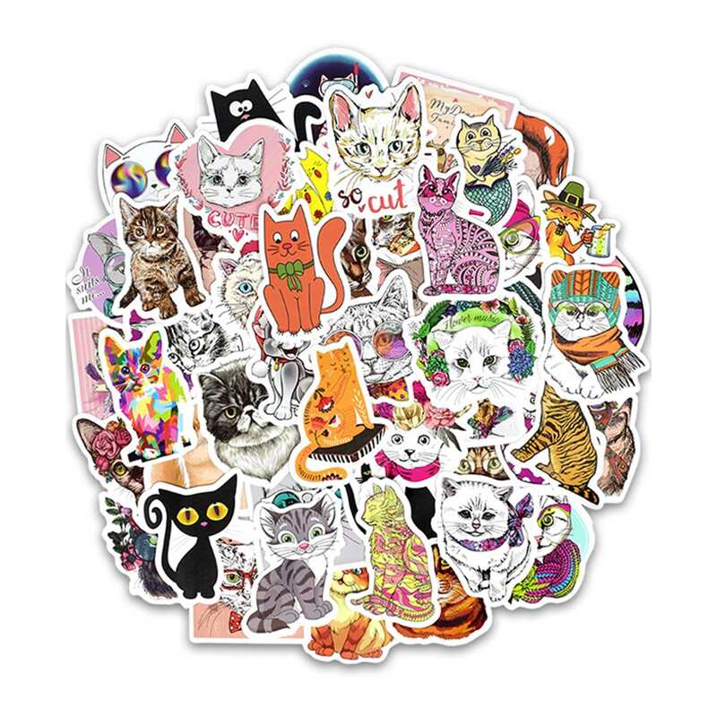 

50pcs Cute Cat Print Sticker, Multicolor