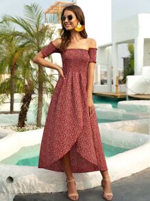Vestido línea A de hombros descubiertos cruzado con estampado - Burdeos - Ver 3