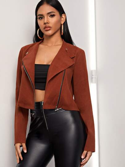 Lapel Neck Zip Up Moto Jacket