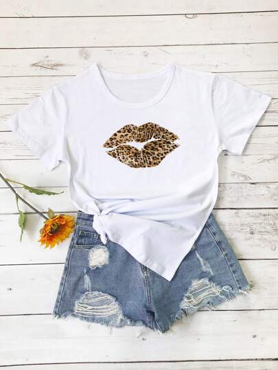 Leopard & Lip Print Round Neck Tee