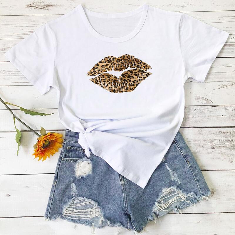 

Leopard & Lip Print Round Neck Tee, White