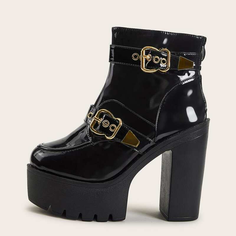 

Patent Buckle Decor Zip Back Chunky Heeled Boots, Black