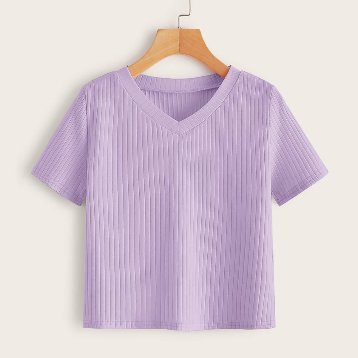 

Solid V-neck Rib-knit Tee, Lilac purple