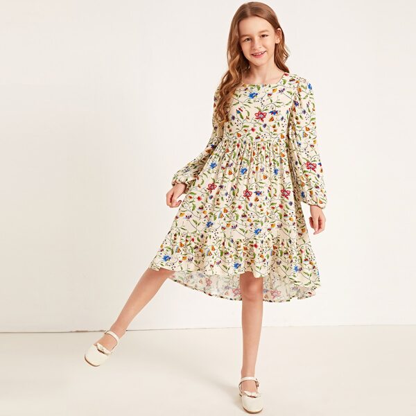 

Girls High Low Hem Floral Print Smock Dress, Multicolor