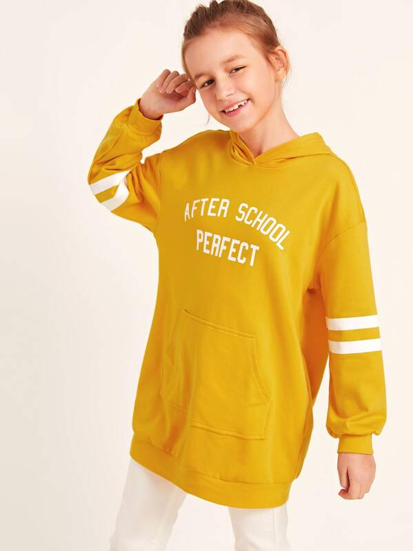 

Girls Slogan Graphic Pocket Front Longline Hoodie, Yellow, Sashab