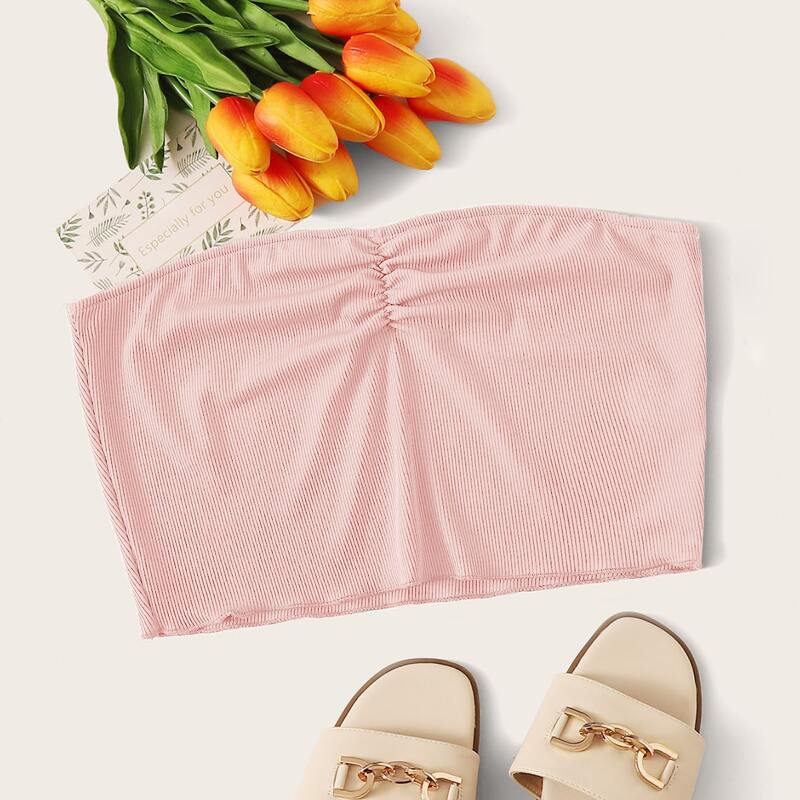 

Ruched Solid Tube Top, Pink pastel