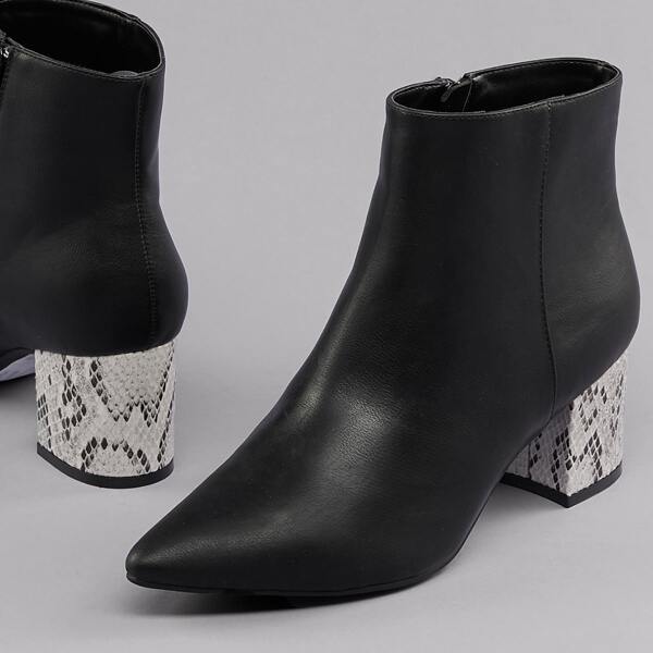 

Snake Embossed Block Heel Pointy Toe Booties, Black