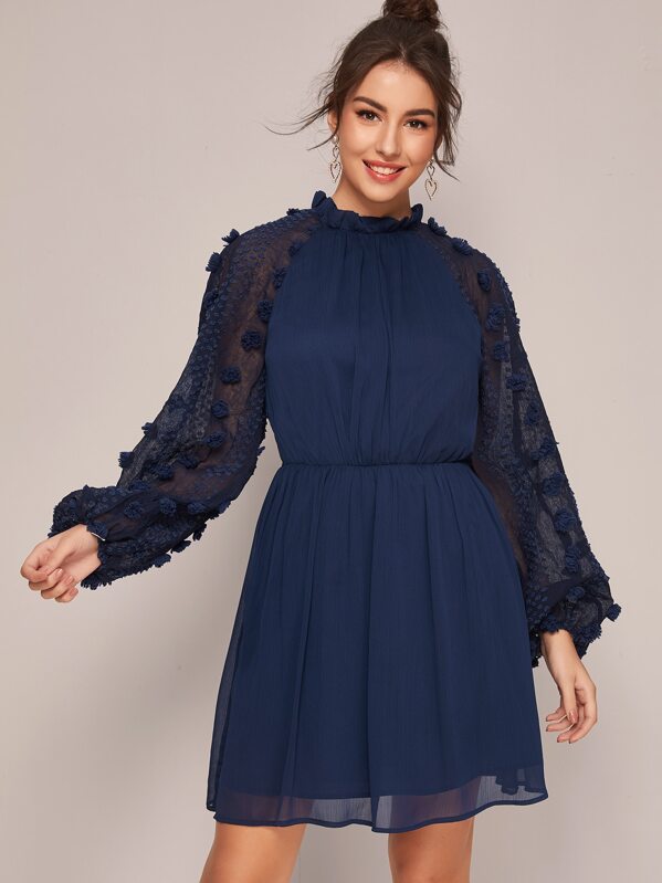 

Gathered Neckline Appliques Sleeve Dress, Navy, MARTINA