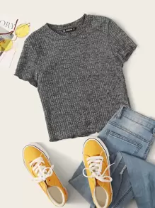 SHEIN EZwear Ribbed Heathered Knit Lettuce-Edge Tee - Grey - View 1