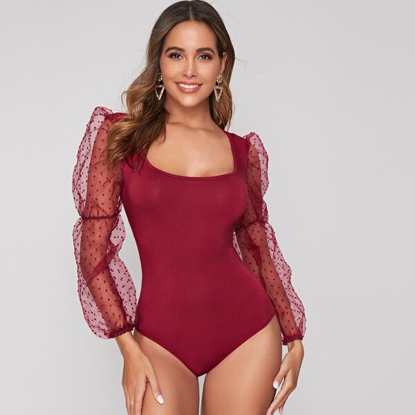 

Swiss Dot Mesh Sleeve Bodysuit, Burgundy