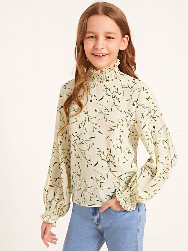 

Girls Frill Shirred Trim Botanical Print Blouse, Beige, Sashab