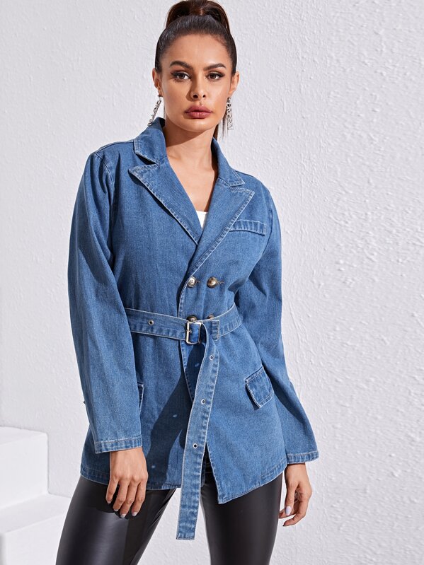 

Buckle Belted Double Button Denim Jacket, Blue, Andy