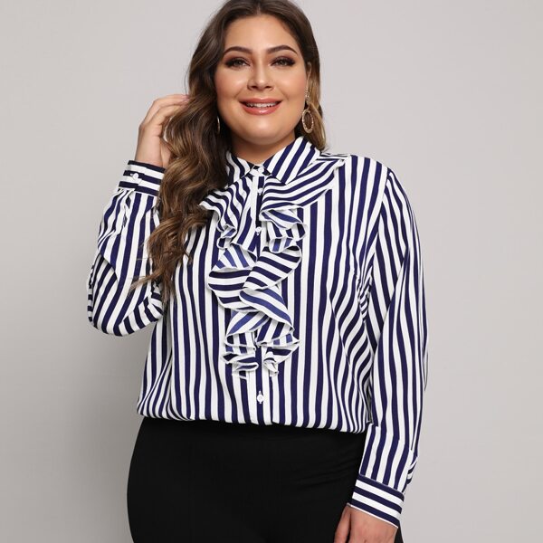 

Plus Jabot Collar Striped Blouse, Navy