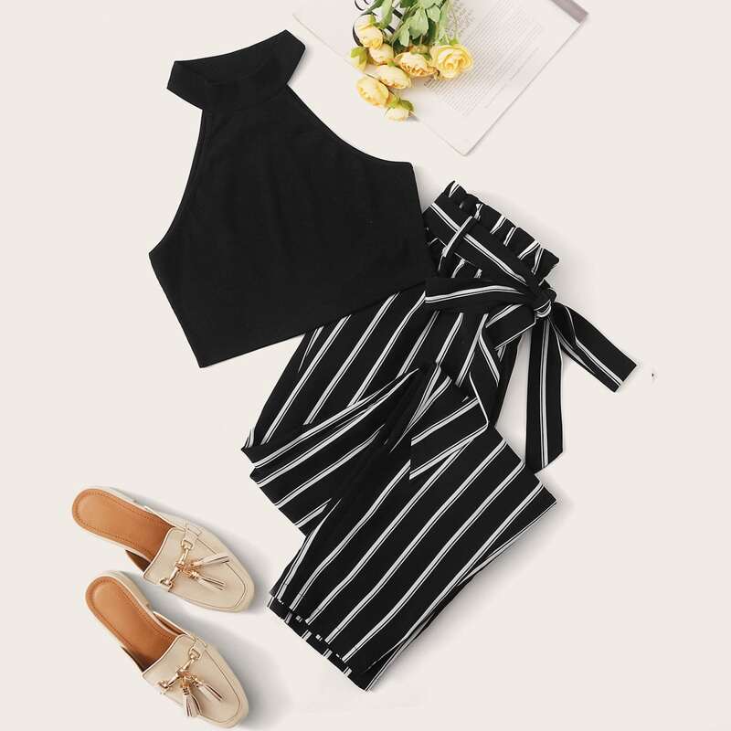 

Rib-knit Halter Top and Paperbag Waist Striped Pants Set, Black