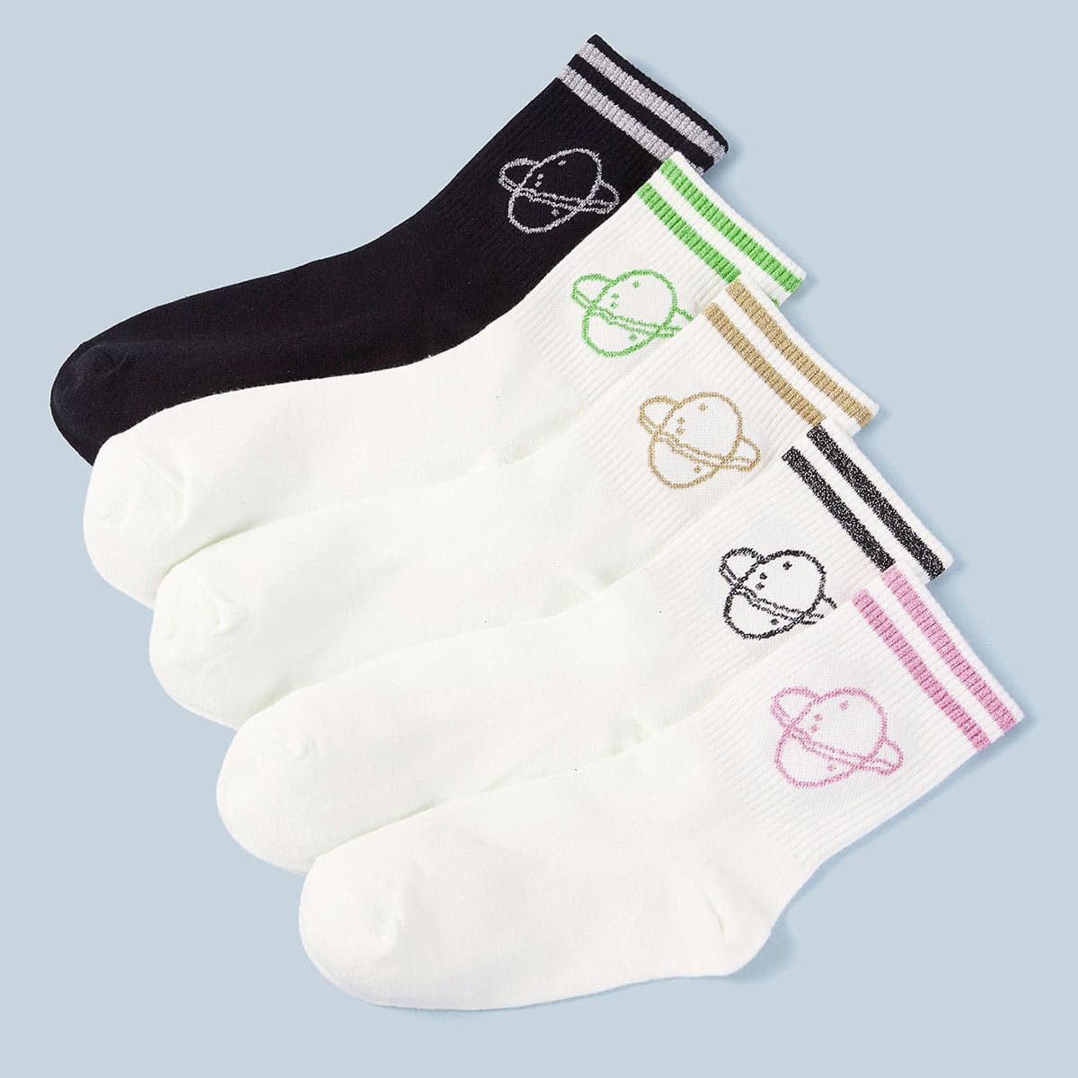 

5pairs Planet & Striped Pattern Socks, Black and white