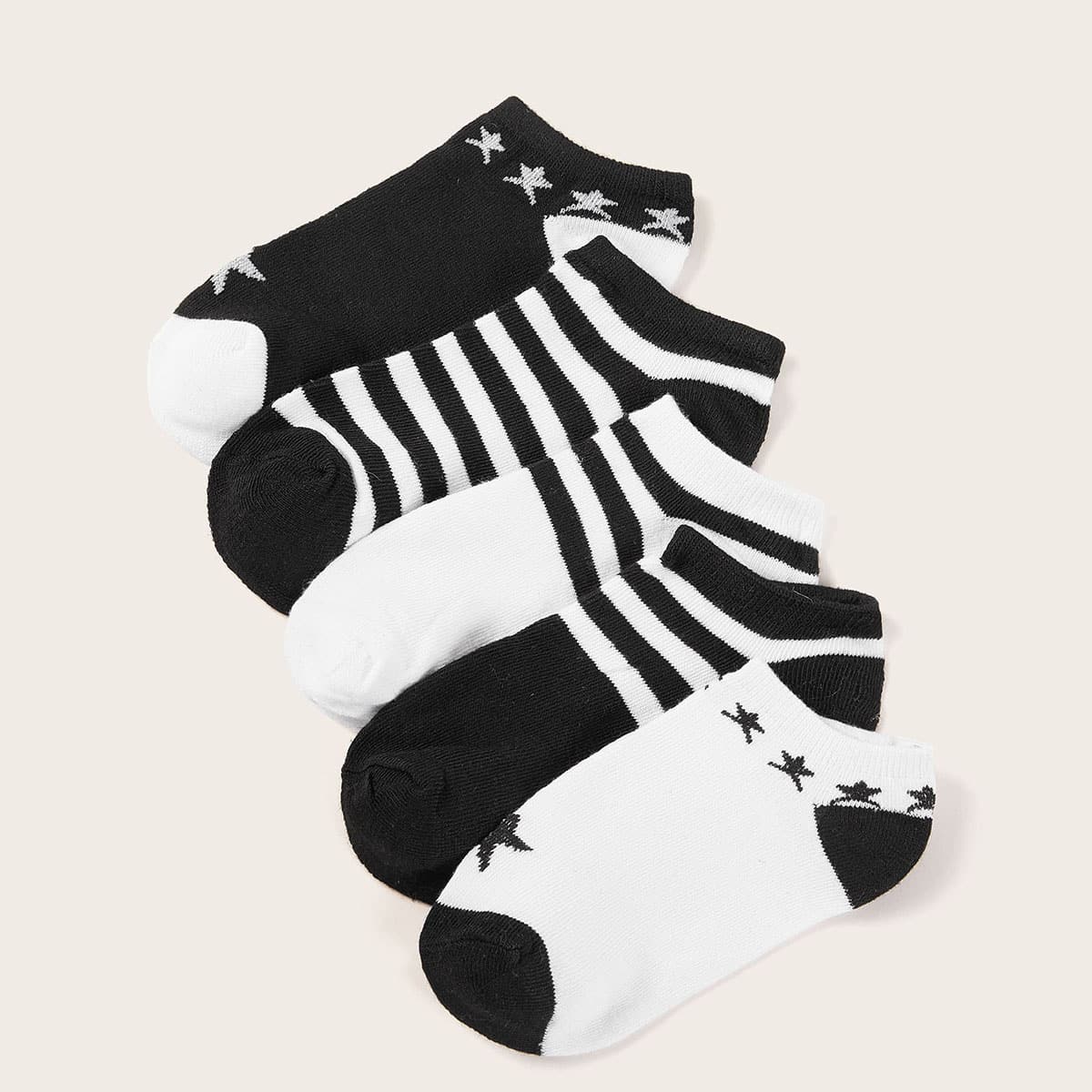 

5pairs Striped & Star Pattern Socks, Black and white