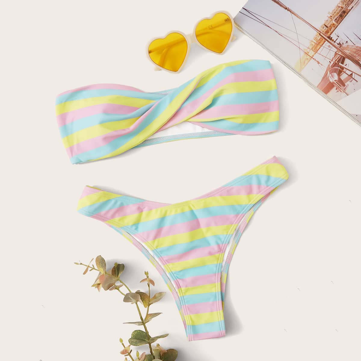 

Twist Bandeau With Colorful Striped Bikini Set, Multicolor