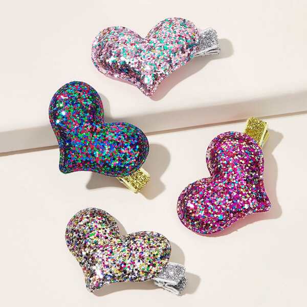 

4pcs Toddler Girls Glitter Heart Hair Clips, Multicolor