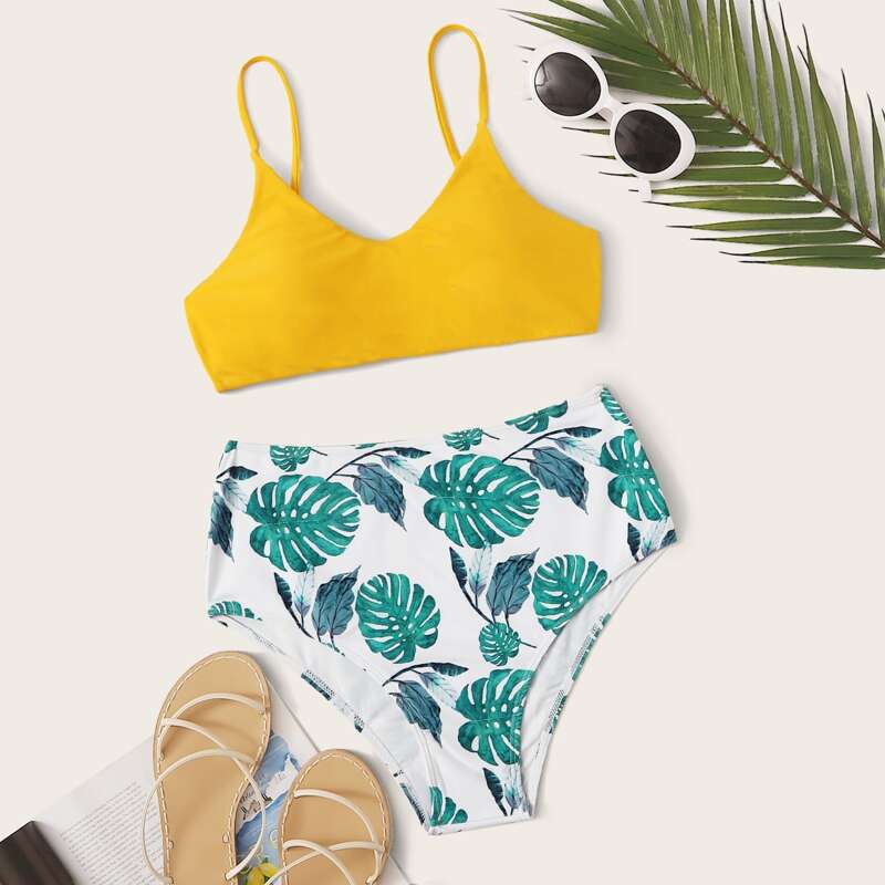 

Spaghetti Strap Top With Tropical Print Bikini Set, Multicolor