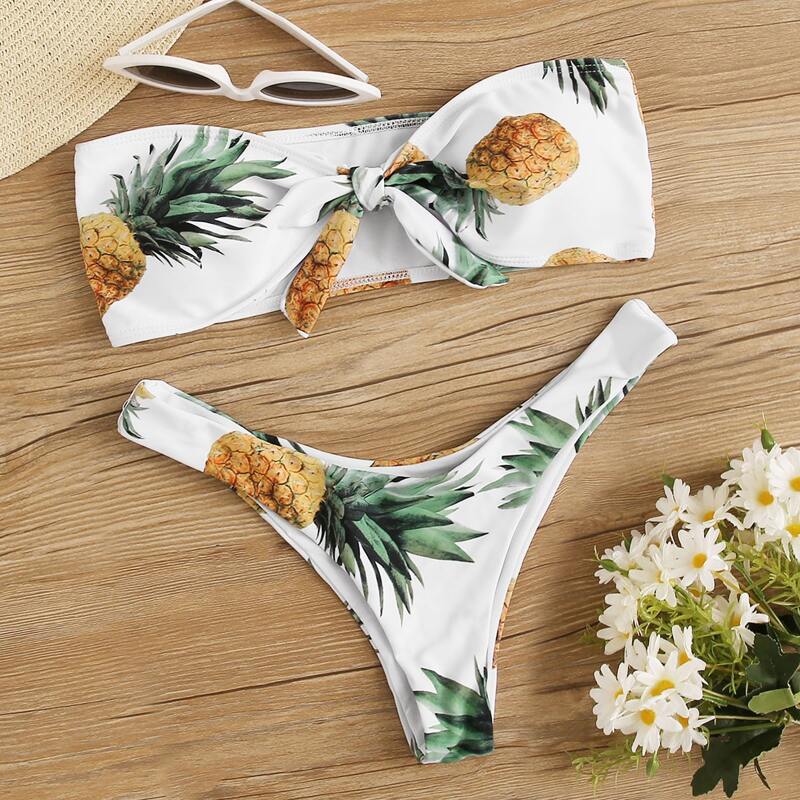 

Pineapple Print Bandeau With High Cut Bikini Set, Multicolor