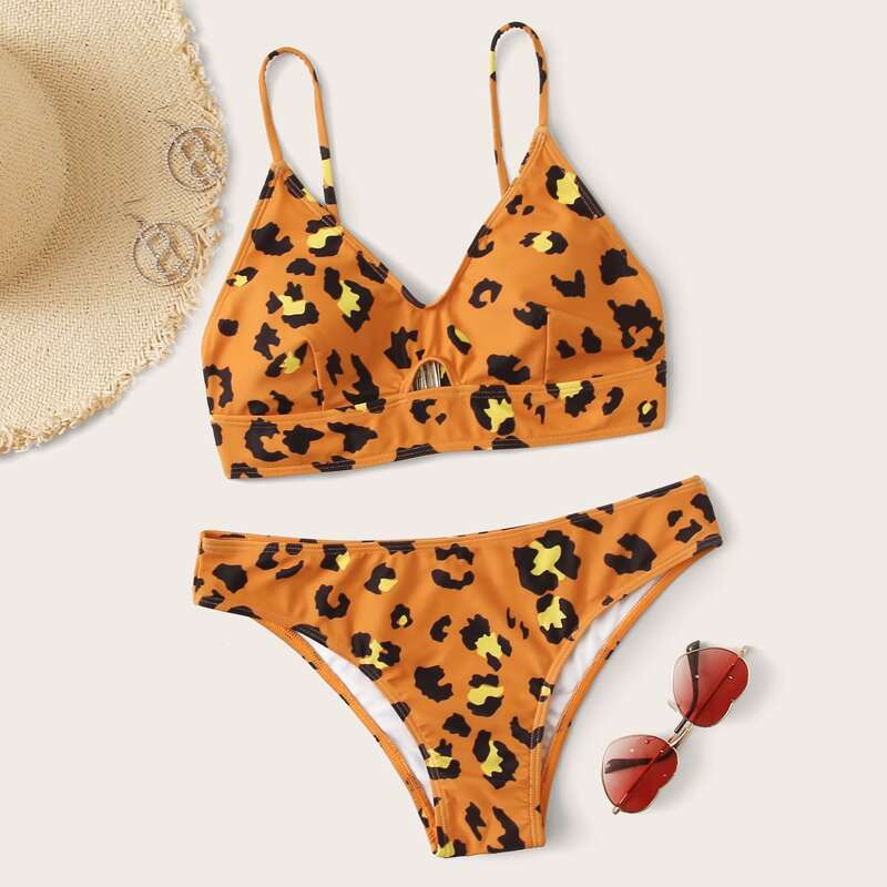

Leopard Pattern Top With Low Rise Bikini Set, Multicolor
