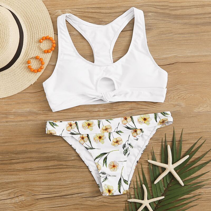 

Knot Top With Floral Print Bikini Set, Multicolor