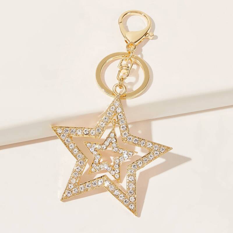 

Rhinestone Engraved Heart Charm Keychain, Gold