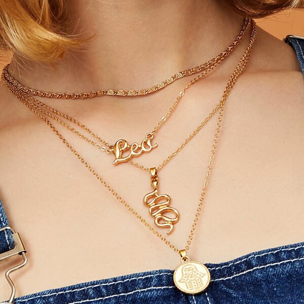 

1pc Serpentine & Letter Charm Layered Necklace, Gold