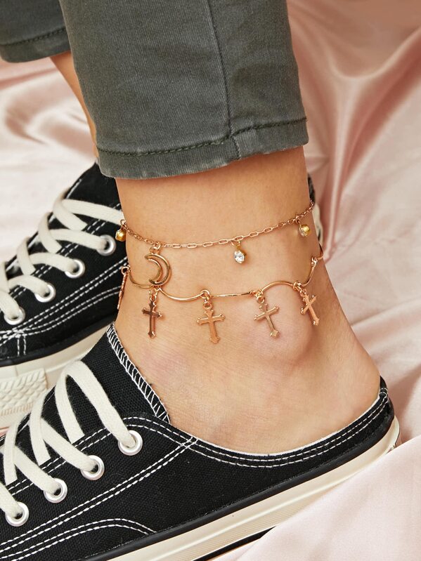 

2pcs Rhinestone Engraved & Cross Charm Chain Anklet, Gold