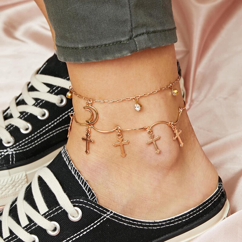 

2pcs Rhinestone Engraved & Cross Charm Chain Anklet, Gold