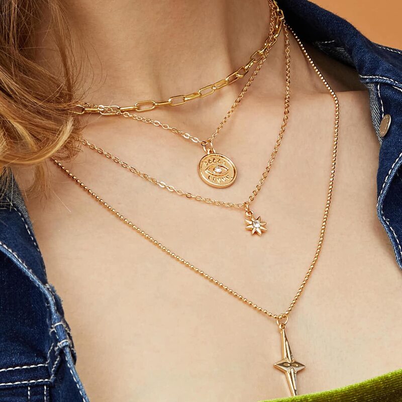 

1pc Star & Eye Charm Layered Necklace, Gold