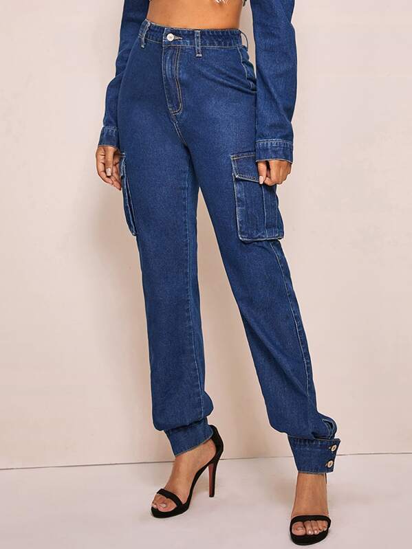

Buttoned Hem Cargo Jeans, Blue, Tina