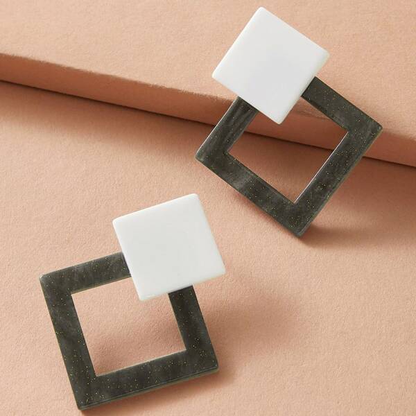 

1pair Two Tone Geometric Earrings, Multicolor