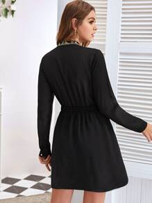 Stand Collar Floral Embroidery Dress - Black - View 2