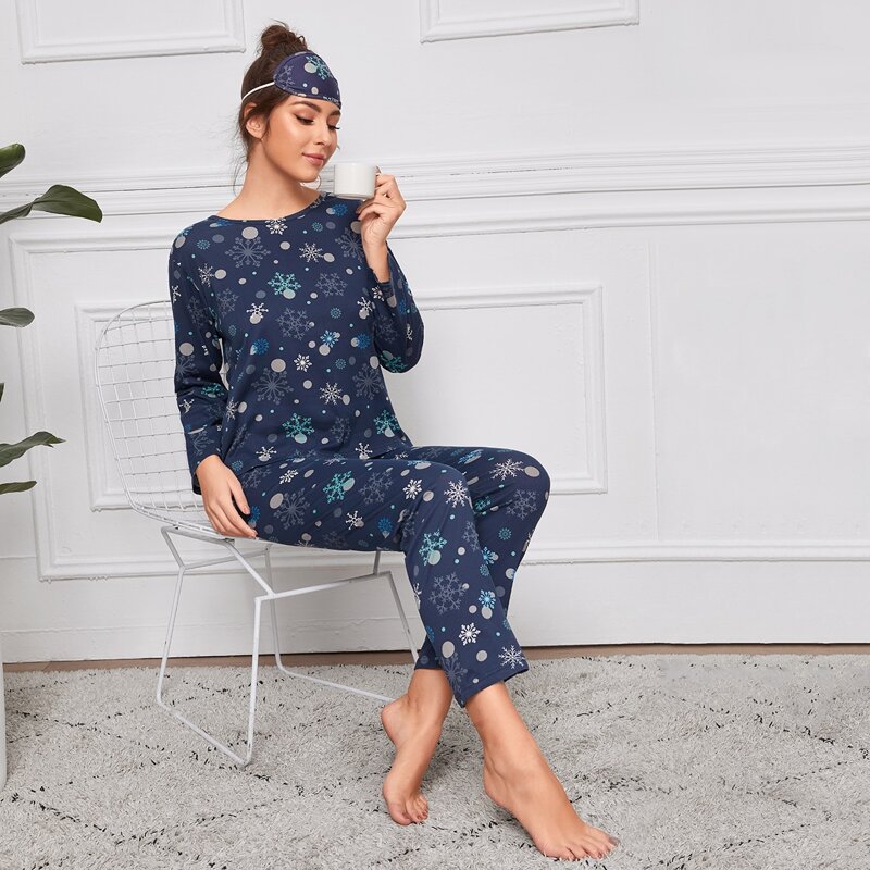 

Snowflake Print PJ Set & Eye Cover, Navy blue