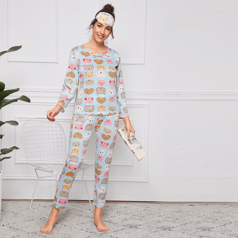 

Cartoon Graphic PJ Set & Eye Mask, Multicolor