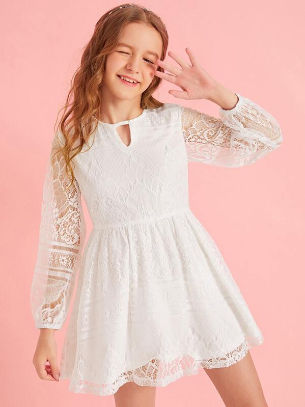 

Girls Keyhole Neck Lace Overlay Flare Dress, White, Sashab