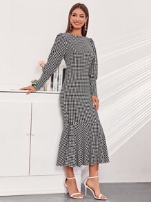 Modelyn Blouson Sleeve Houndstooth Mermaid Dress - Black and White - View 4