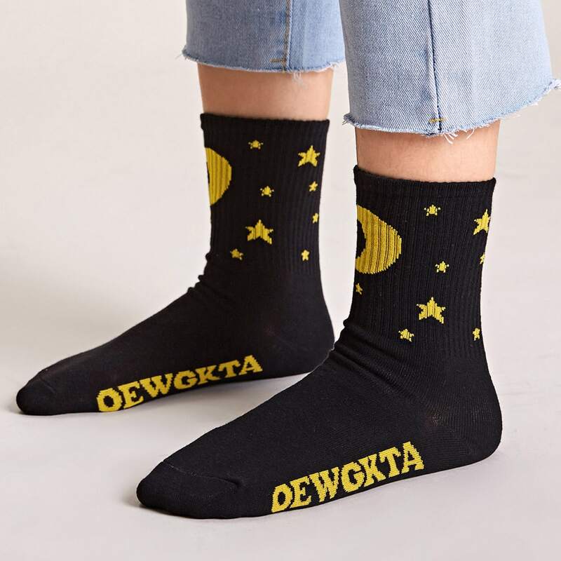 

1pair Star & Moon Pattern Socks, Black