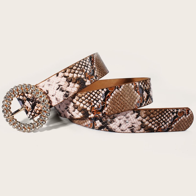 

Snakeskin Pattern Rhinestone Engraved O-ring Buckle Belt, Multicolor