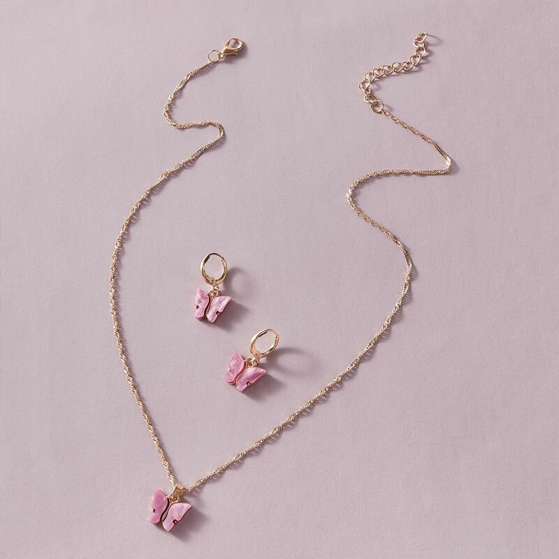 

3pcs Butterfly Hoop Drop Earrings & Charm Necklace