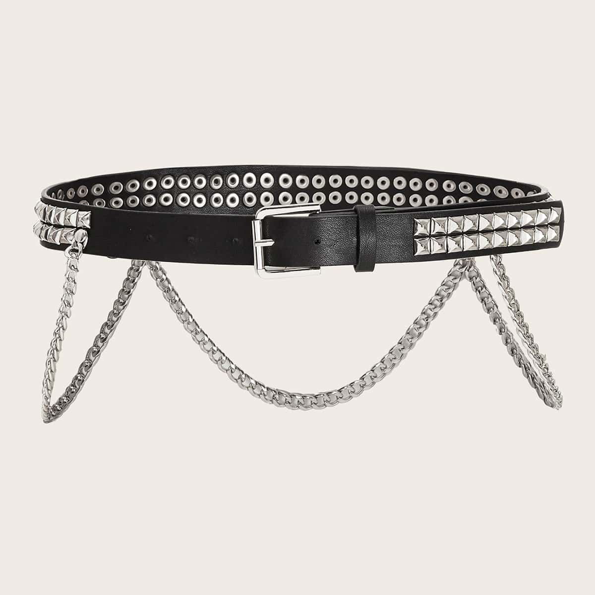 

Chain Rivet Decor Belt, Black and white