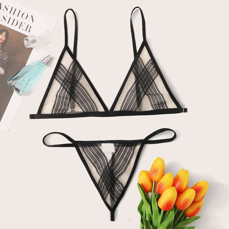 

Striped Sheer Mesh Lingerie Set, Black