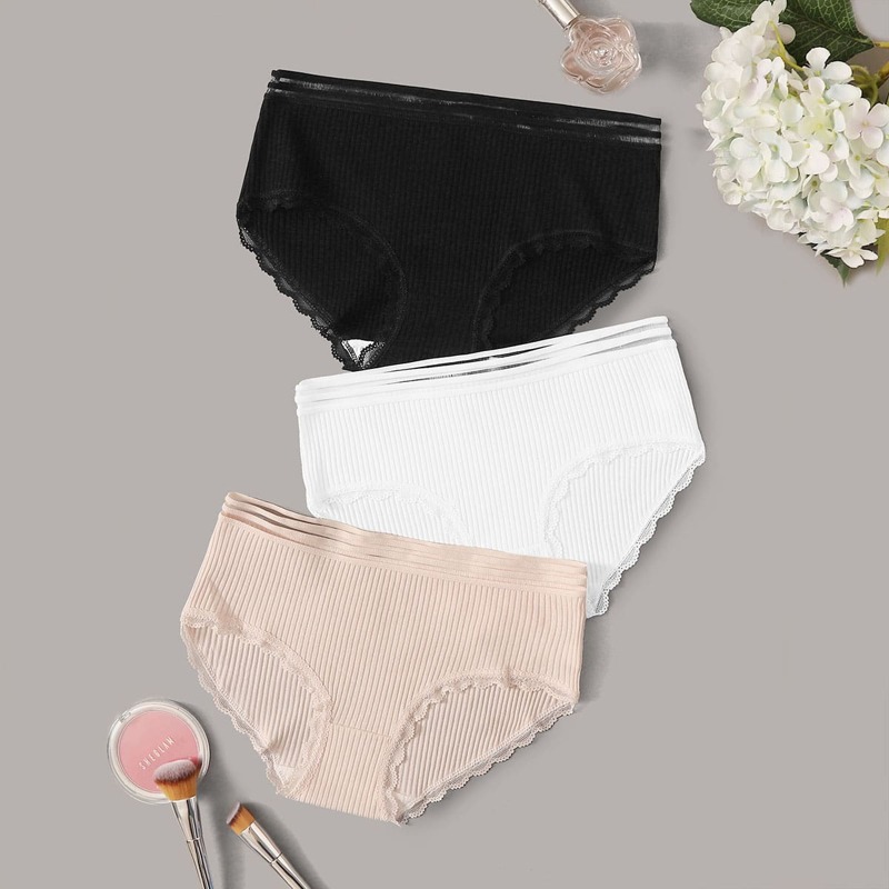 

3pack Rib Lace Trim Panty Set, Multicolor