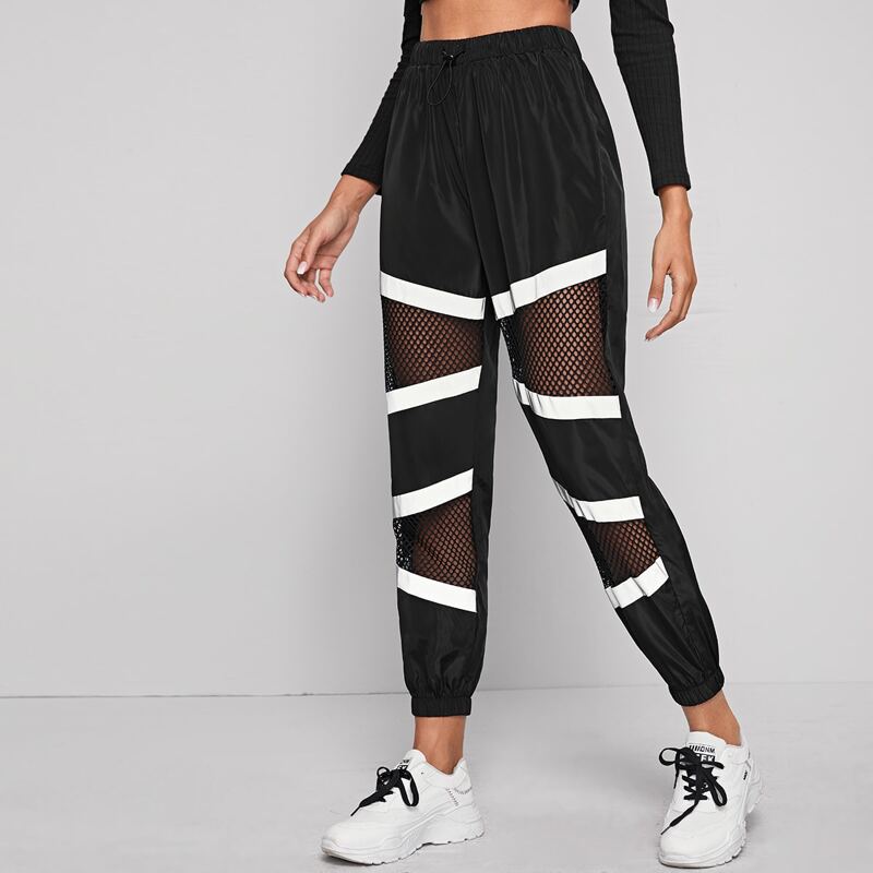 

Drawstring Waist Colorblock Mesh Insert Windbreaker Joggers, Black