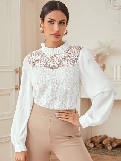 Frill Collar Keyhole Back Lace Blouse