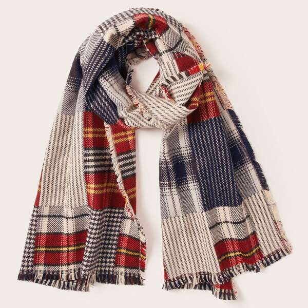 

Plaid Pattern Raw Hem Scarf, Multicolor