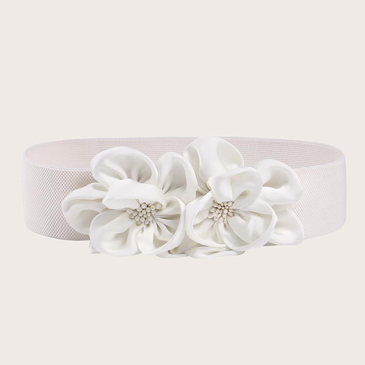

Flower Decor Wide Belt, White